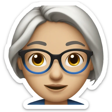 mujer de piel blanca con lentes,ojitos chinos,de color negro,pelo oscuro y recogido con una coleta,con blusa azul, sticker