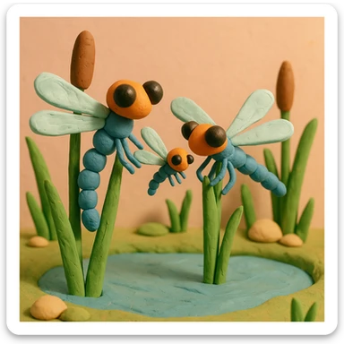 claymation style dragonfly family resting on reeds by a pond, parents and baby dragonflies, pastel background sticker