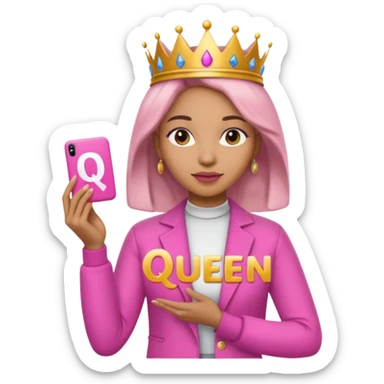 Crear una reina morena clara con ropa rosa sosteniendo la palabra Queen en sus manos sticker