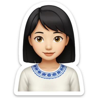 30 yr old asian woman center parted hair big eyes big smile tanned skin straight black hair hippie part hair white blouse shoulder length hair middle parted hair few short bangs at front sticker