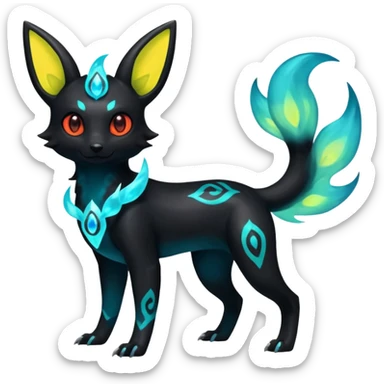 Shiny Fiery Ethereal Eldritch Cool Edgy Badass Punky Aural Iridescent Fluorescent Bioluminescent Umbreon-Amaura-Salandit-Litten-Flareon-Fakémon-fusion (full body)  sticker