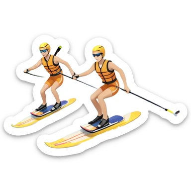 A humanless icon showing a pair of water skis skimming across the surface of a lake, with a skier in motion. The design includes a wake behind the skier, splashing water, and the sun reflecting on the water. Transparent background highlights the speed and thrill of water skiing. sticker
