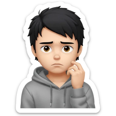 generate a pretty bratz fair skinned boy with messy black hair in a grey hoodie looking sad and bored with hand on chin. Make him muscled sticker