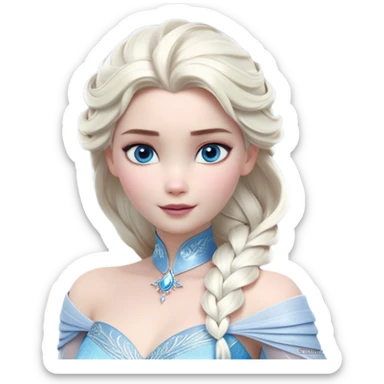 Cinematic Realistic Elsa Portrait, depicted with lifelike skin texture, soft natural lighting, and intricately detailed platinum blonde hair styled elegantly. Her striking, expressive blue eyes exude confidence and grace, complemented by a serene and regal expression. She is dressed in her signature icy attire, with shimmering fabric textures and delicate folds that catch the light beautifully. The portrait features a soft, enchanting glow with a cool, radiant finish, capturing the essence of timeless elegance in a realistic and painterly style, evoking a sense of depth and authenticity. sticker