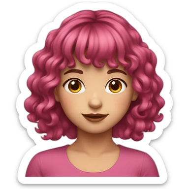 A young girl with dark pink medium length wavy hair and a fringe sticker