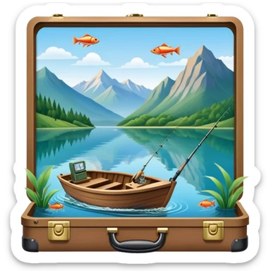 Icon for Fishing Travel: a boat on a calm lake surrounded by mountains and lush greenery, with fish jumping out of the water, a fishing rod, tackle box. The icon should capture the peaceful and adventurous nature of fishing trips. Transparent background. sticker