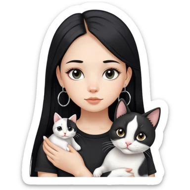 A girl with long straight black hair has upward-slanting eyeliner. She is wearing large silver hoop earrings, a black t-shirt, She is holding a  piebald cat with a black face  sticker