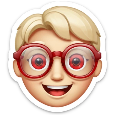 A single crystal gemstone character wearing glasses, chunky and irregular with faceted sides, [red], big glossy eyes behind the glasses and a wide happy smile, , high detail, soft lighting, centered on a plain dark background sticker
