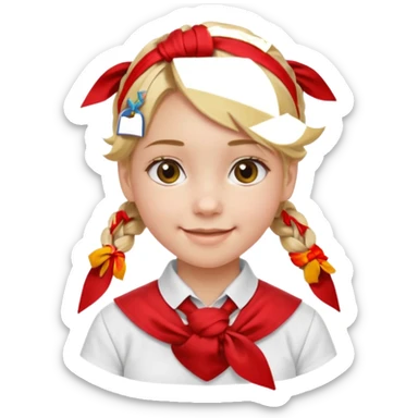 A Soviet pioneer girl emoji — smiling young girl with blonde hair tied into two short braids. She wears a white school shirt and a wide bright red pioneer neckerchief tied in a loose triangular knot at the chest (not a necktie). No suspenders, no jacket, no hat sticker