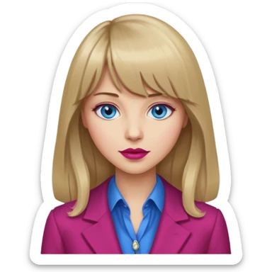 Woman with long dark blond hair and bang, blue eyes, raspberry lip, with classy clothe emoji sticker