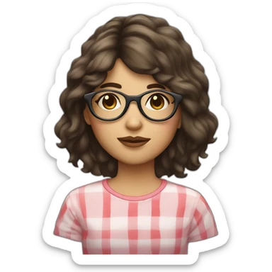 Brunette girl with circle glasses and mullet long hair and a strawberry sticker