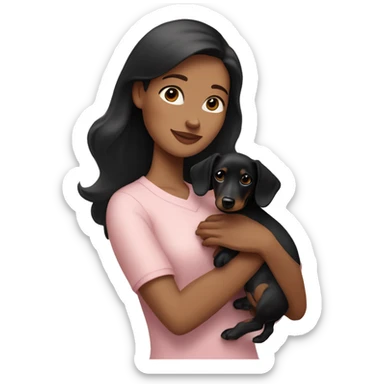 a brunette woman in a light pink shirt, with light skin, holding black dachshund puppy in her arms lovingly sticker
