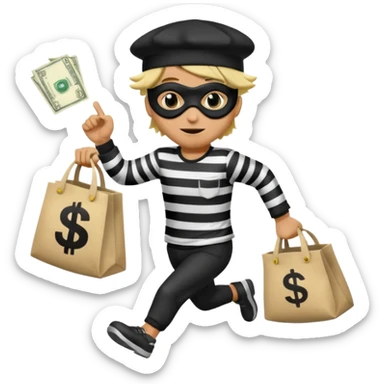 running emoji of a classic burglar, a black eye mask (looks like a blindfold) and a black-and-white striped shirt. emoji-like hair, black hat, ONE bag of money 💰 with a dollar sign in a hand sticker