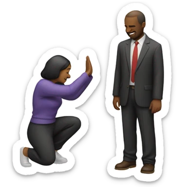 Woman bowing, man saying ok behind sticker