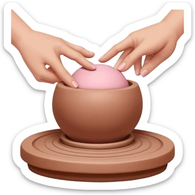 one hand centering a pink ball of clay on an empty pottery wheel, pressing down with palm to center it sticker