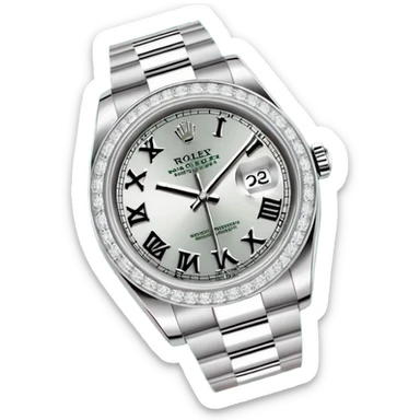 "Flat design emoji icon of a luxury silver Rolex Datejust watch, fully iced out with diamonds on the case and Jubilee bracelet, diamond pavé dial with black Roman numerals, isolated on a green circular background, clean vector style, high resolution." sticker