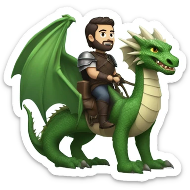 Determined armored White Man with dark brown pompadour hair and a short beard riding on the back of a giant green dragon sticker