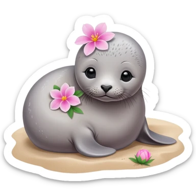A grey small, slim baby seal resting gracefully on a sandy beach, with a delicate pink flower placed on its head.   sticker