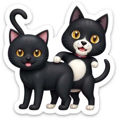Un chien noir au pattes et ventre blanc qui est avec un ami avec un chat noir qui a lui même une dent qui ressort  sticker