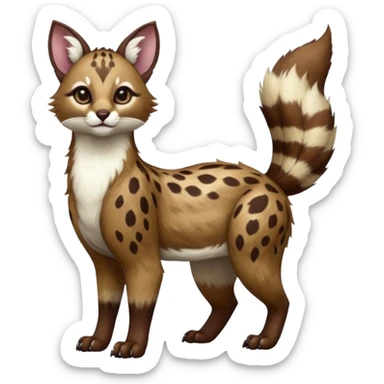 Colorful dark realistic chocolate-brown tropical beige fur glorious divine exotic cute cool beautiful shiny beautiful fantasy-Furret-Eevee-caracal-civet-genet-sergal-vernid-Cacomistle-oncilla-animal-Fakémon-hybrid-fursona with white deer-spots pattern markings (full body) sticker