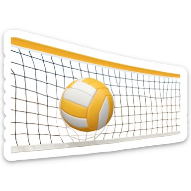 A close-up volleyball net with a ball hovering above it, set against the backdrop of a sandy volleyball court. The scene highlights the tension of an impending play, with the court lines clearly visible and a bright, sunny atmosphere surrounding the action. sticker