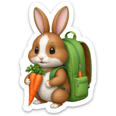 A brown & white, bunny with a green backpack, holding a carrot sticker