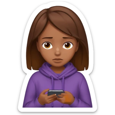 A girl with bronz skin and brown hair wearing cozy clothes and looking so tired because lack of sleep and she is holding her phone sticker