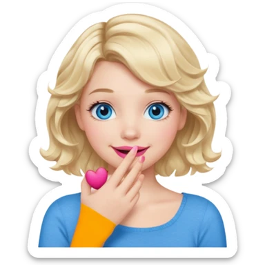 Girl Blonde short wavy hair,  blue eyes, cute blue top, long lashes, pink lips, smiling, hand covering the mouth sticker