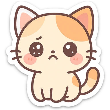 kawaii chibi-style cat emoji with pastel orange and brown cream fur, anime-style pouty expression, sparkly eyes, blushing cheeks, pastel color palette, soft rounded design, vector art sticker