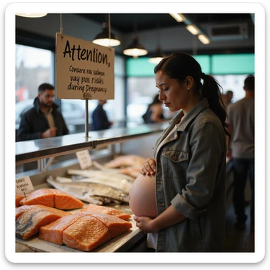 realistic pregnant woman in 4K reading a sign in a fish market that says: 'Attention, consuming raw salmon may pose risks during pregnancy' sticker