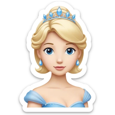 Cinematic Elegant Cinderella Portrait Emoji, rendered in a flat, vector-style with minimal shading and bold, simplified shapes. Depict Cinderella in her classic ball gown (chest and above) with fair, porcelain skin and elegantly styled blonde hair, her eyes soft and kind, and her expression serene and graceful. The design glows with a gentle, enchanting radiance and high shine, capturing the timeless beauty of a fairy tale princess. sticker