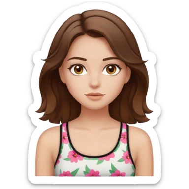 emoji of a girl with brown hair, straight and wavy, hazel eyes, wearing a baddie summer top, pale skin sticker