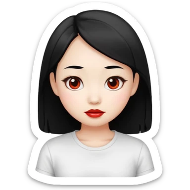 cute young Chinese woman, black hair, white skin, oval face, big eyes, red lips, emoji style sticker