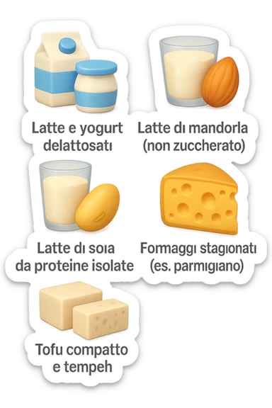 emoji stile iphone 3d di questi elementi che fluttuano in aria:

Latte e yogurt delattosati
Latte di mandorla (non zuccherato)
Latte di soia da proteine isolate
Formaggi stagionati (es. parmigiano)
Tofu compatto e tempeh
 che fluttuano in aria,  le etichette scrivile in italiano, iperealistico 4k sticker