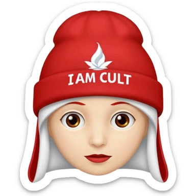 Red hat that says "I AM IN A CULT" in white text sticker