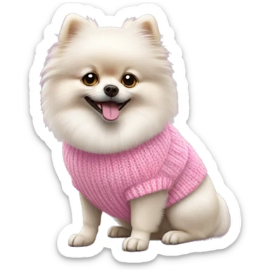 a white Pomeranian dog in a pink knitted sweater sticker