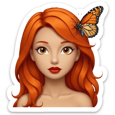 A siren with dark orange hair, red lips, dark brown eyes, nice eyelashes and a Monarch butterfly on her shoulder sticker