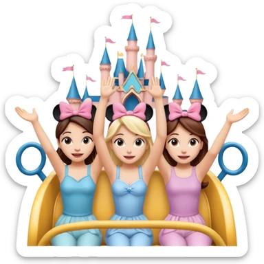 4 chicas montadas en una atraccion de levantando la mano con orejas de Disney puestas en una atracción sticker