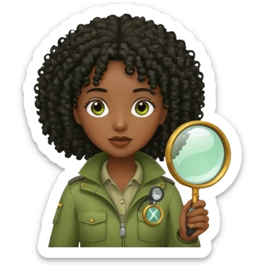 dark skin curly black haired woman in moss green explorer outfit, holding magnifying glass sticker