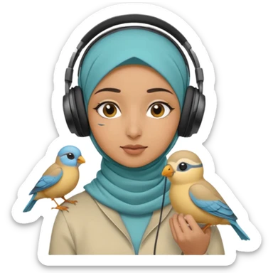 A hijabi girl with a medium skin tone wearing headphones with a small birdie on her head sticker