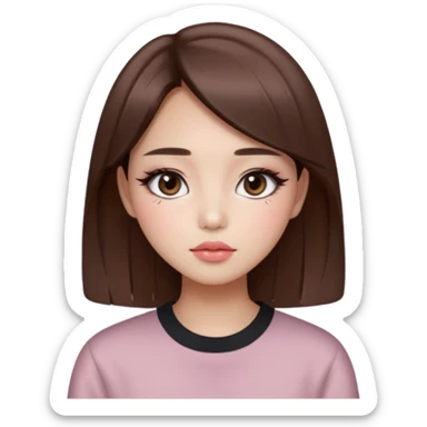 “korean straight brown hair Emoji girl, soft eyeliner and blush, gradient lips, light brown shimmer eyeshadow sticker