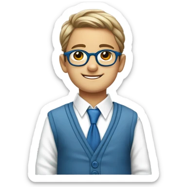 UN NIÑO DE 12 AÑOS CON SUETER AZUL, CAMISA BLANCA Y CORBATA ROJA, CON LENTES MUY ALEGRE, QUE SEÑALE EN PULGAR ARRIBA, Y EL BAJO DEL DIBUJO DIGA LA PALABRA OKEY sticker