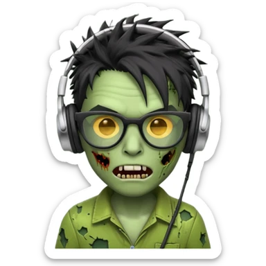 make a zombie iphone emoji with black  glasses, scratches black spiky hair and headphone, green skin
 sticker