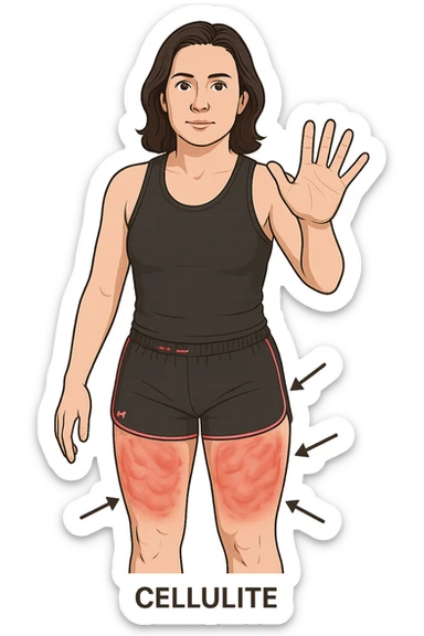 Donna con cellulite sulle cosce indica le cosce che sono infiammate di cellulite con frecce ad indicare  sticker