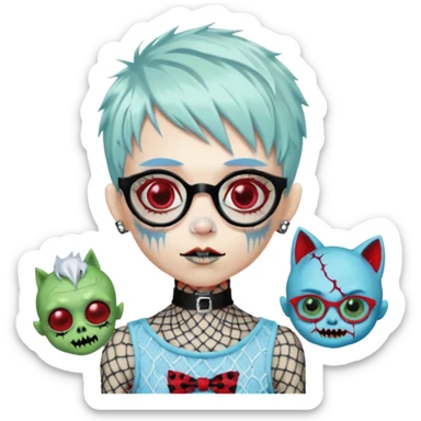 White hair, Ghoulia yelps monster high doll in scene/emo style cherry print dress with fishnet sleeves, clothes, thin, small, red, rectangle glasses, pale white-blue skin, pale-green shaggy pixie-cut , zombie scars , boy, punk choker sticker