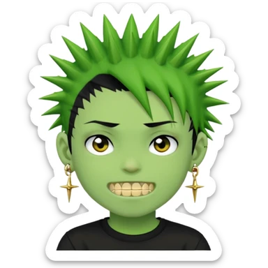 green zombie boy with spiky black emo hair and a black shirt with piercings and gold grilzz  sticker