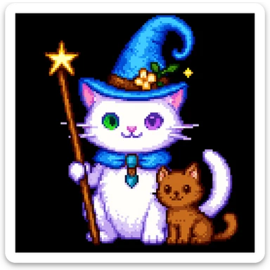 A cat wizard with a pointy hat and a magic wand with a cat companion, pixel art style. sticker