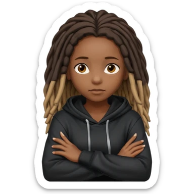 African American dark skin girl with shoulder length dreadlocks wearing a plain black hoodie with her arms folded across her chest sticker