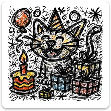 Make the birthday cake more colorful while keeping the chaotic outlined style and all other elements intact sticker