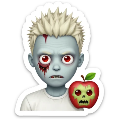 zombie boy with wild spiky hair, white shirt, stitched face, apple emoji style sticker
